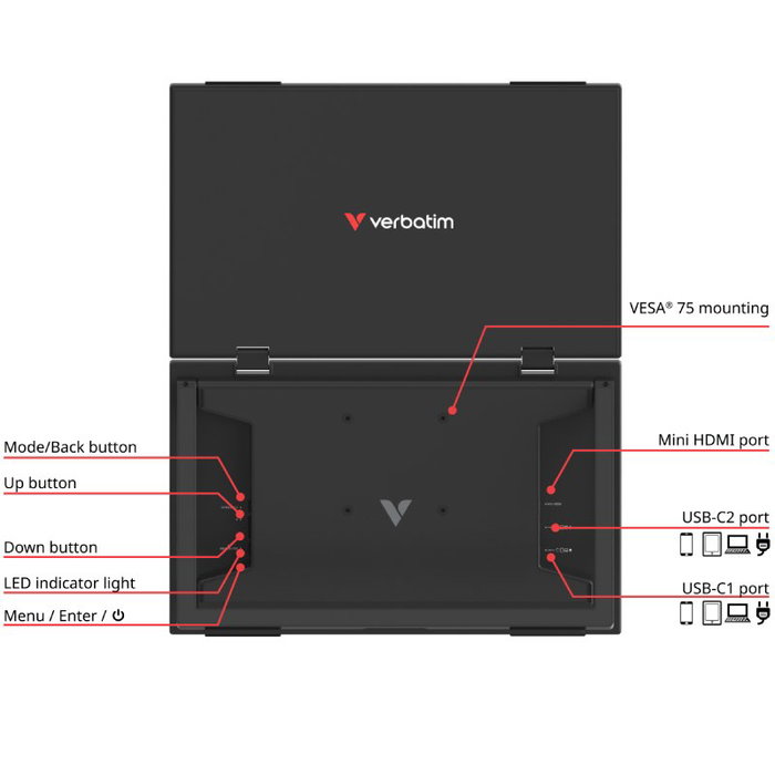 Verbatim Essentials Monitor Portátil Táctil Dual 15.6" Full HD, Doble Pantalla IPS, Negro